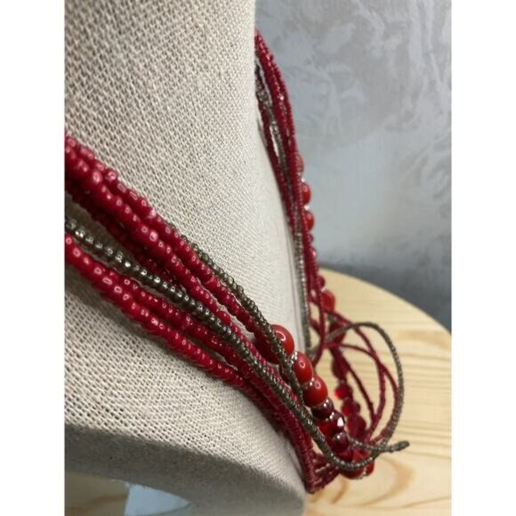Multi-Strand Red & Gold Beaded Necklace With Lobster Clasp Adjustable Chain - Picture 3 of 4